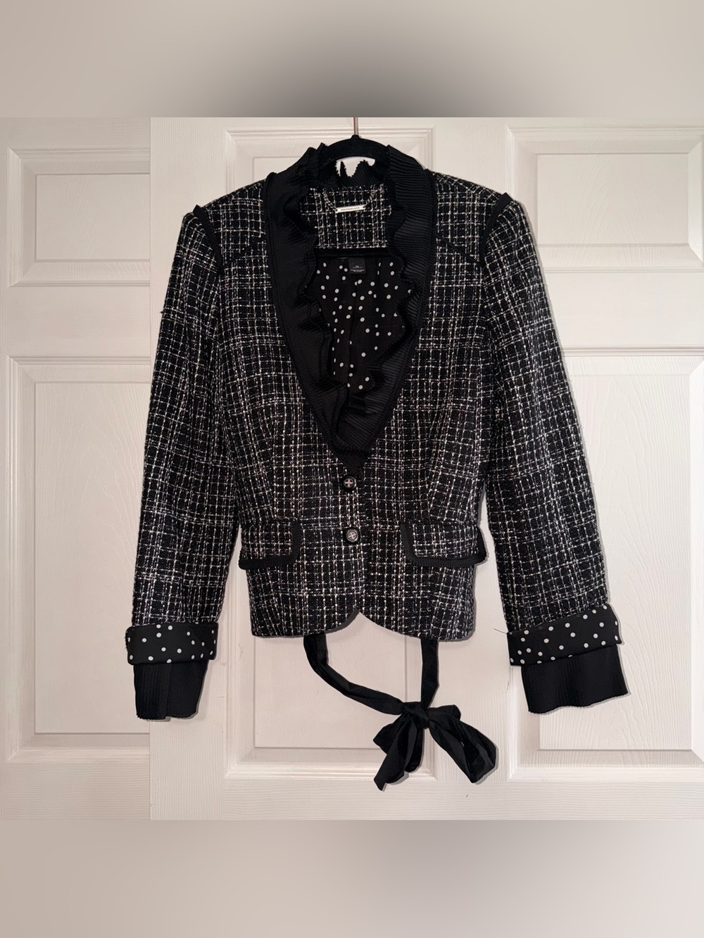 White House Black Market Black & White Tweed Ruffle-Trim Blazer